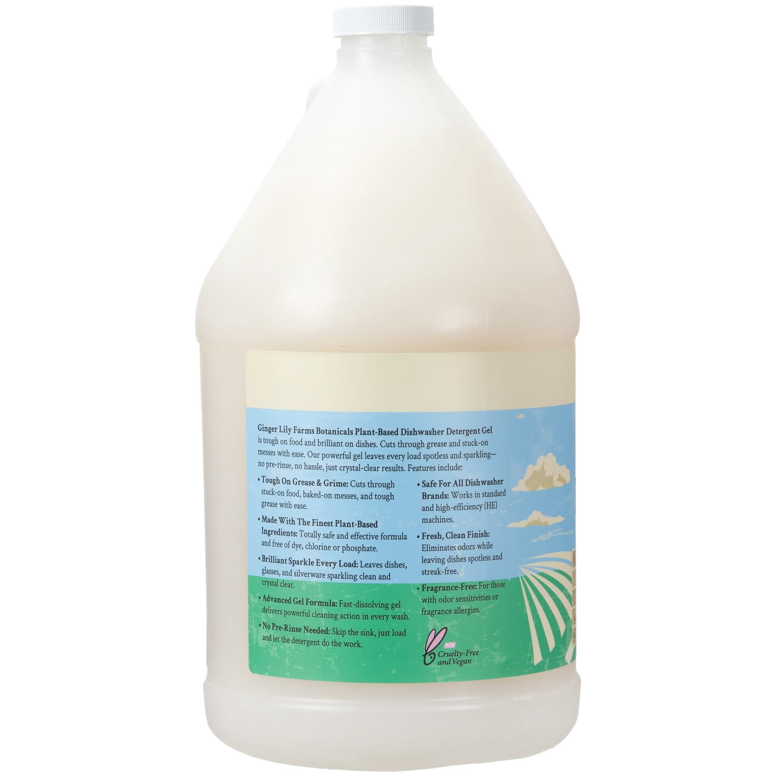 Ginger Lily Farms Botanicals Plant-Based Dishwasher Detergent Gel, 100% Vegan & Cruelty-Free, Fragrance-Free, 1 Gallon (128 Fl Oz) Refill