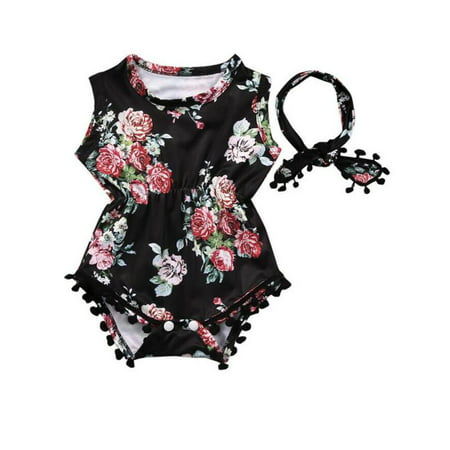 Baby Girls One-Piece Floral Romper Jumper Sunsuit & Headband Outfits Set Clothes for 0-24M