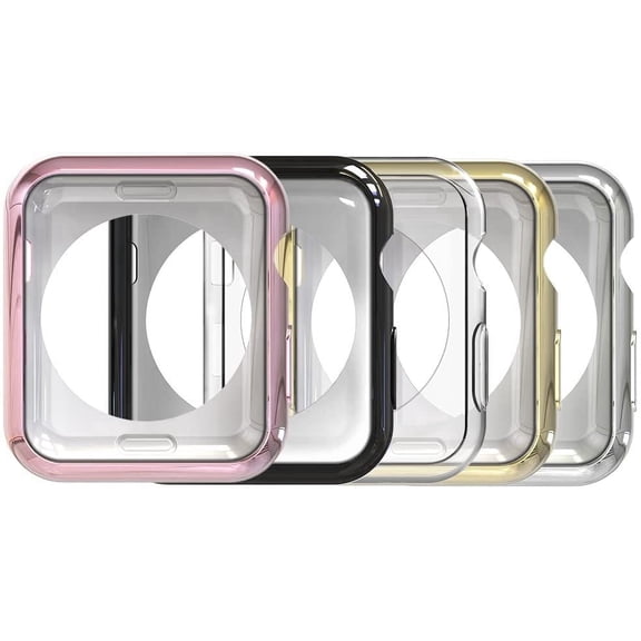 Simpeak 5PACK Soft Back Case Compatible with Apple Watch Series 9 8 7 (41mm 45mm) Series 6 SE 5 4(40mm 44mm) Series 3 2 (38mm 42mm),Clear/Black/Pink/Rose Gold/Silver, (No Screen) (41mm)