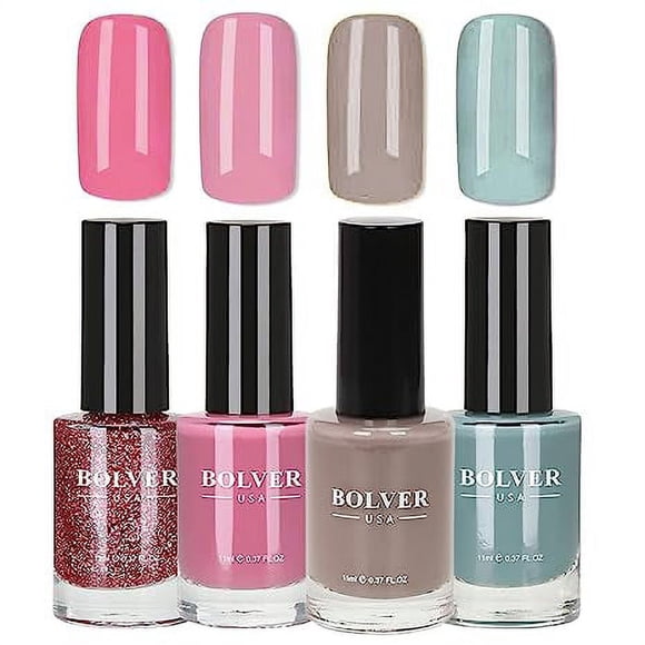 BOLVER USA- Quick Dry, Shine Up, Modern, Natural, 9 Free Formula, Glossy Nail Polish Bundle Combo, Pack of 4