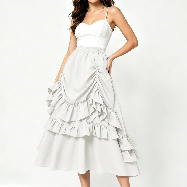 Kctiaxy White Skirts for Women Ruffle Tiered Renaissance Skirt Casual Solid Elastic Waist Asymmetrical Flowy Midi Skirt Pirate Costumes L, Women's