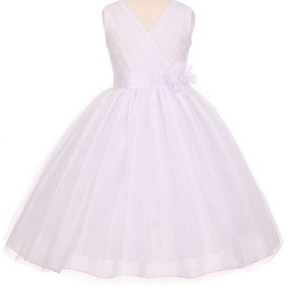 Big Girls' Ruched V Neck Tulle Easter Pageant Gown Flowers Girls Dresses White 8 (M3B4K7)