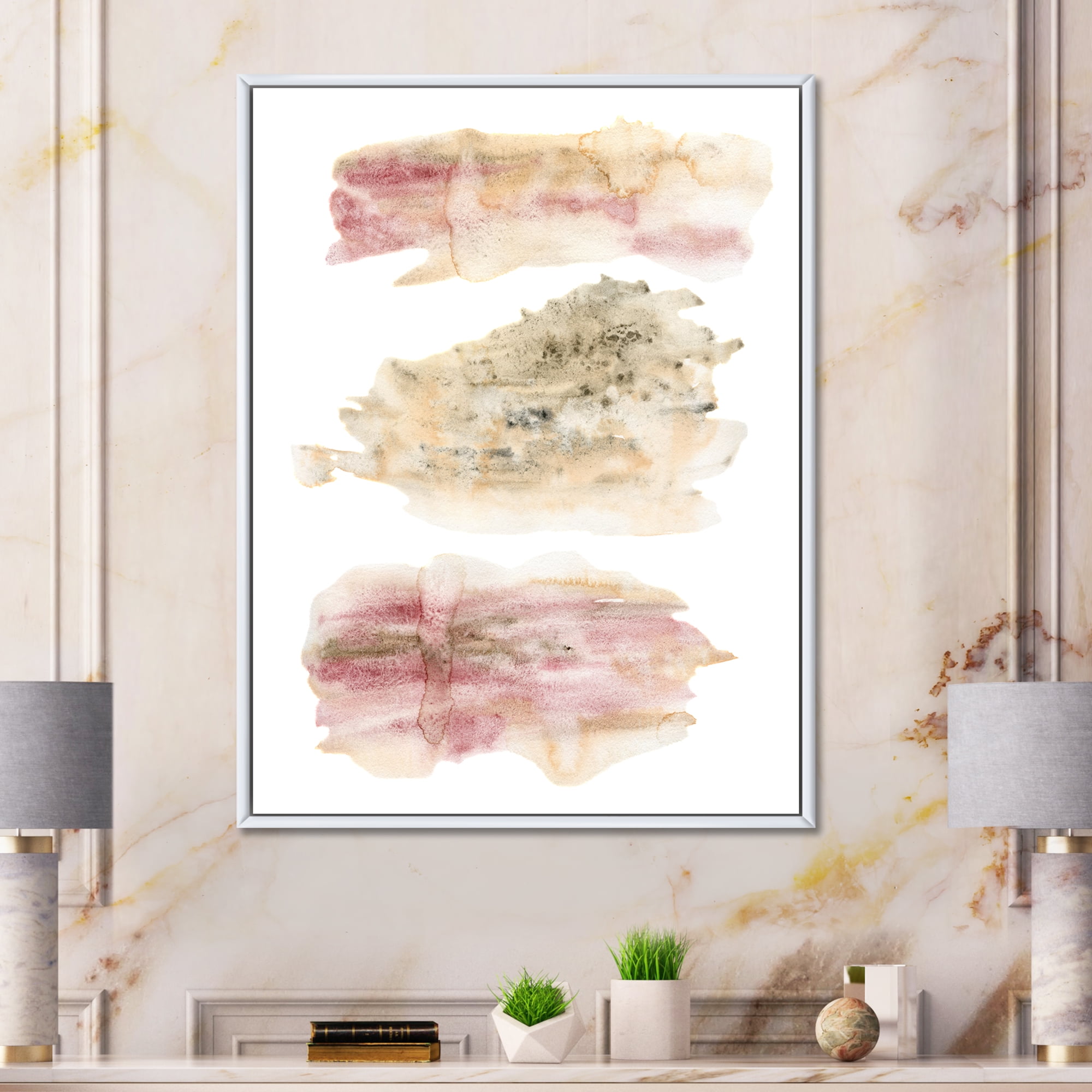 Pink and Golden Abstract Clouds 16 in x 32 in Framed Painting Canvas Art Print, by Designart