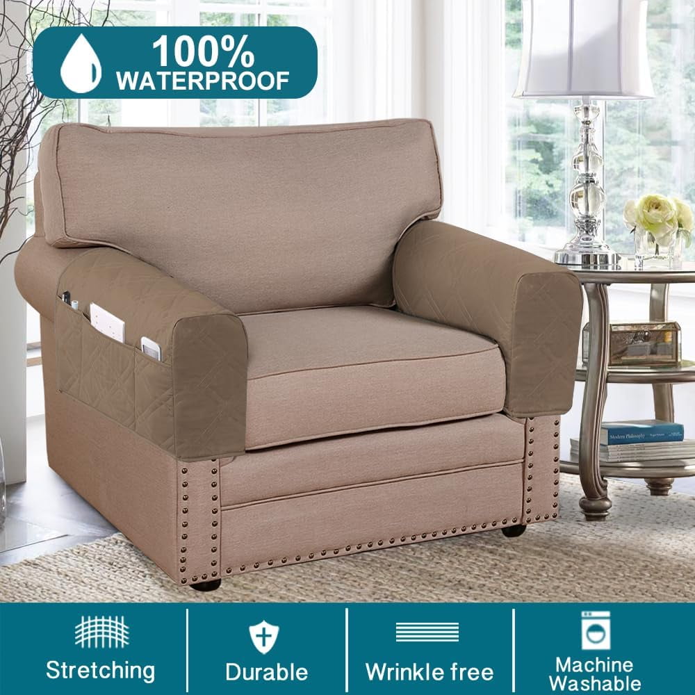 2 Pack Waterproof Armrest Covers for Chairs and Sofas Armrest Covers Couch Arm Covers for Sofa with Side Pocket Anti-Slip Furniture Protector Washable Armrest Slipcovers(Taupe)