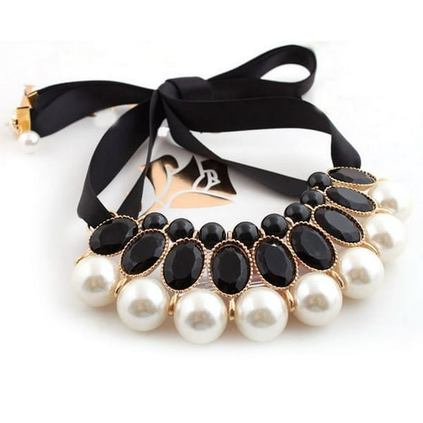 Las niñas elegante acrílico gemas de la cinta colgante de perlas grandes de la Mujer falso del collar Collar Gargantilla (Negro)