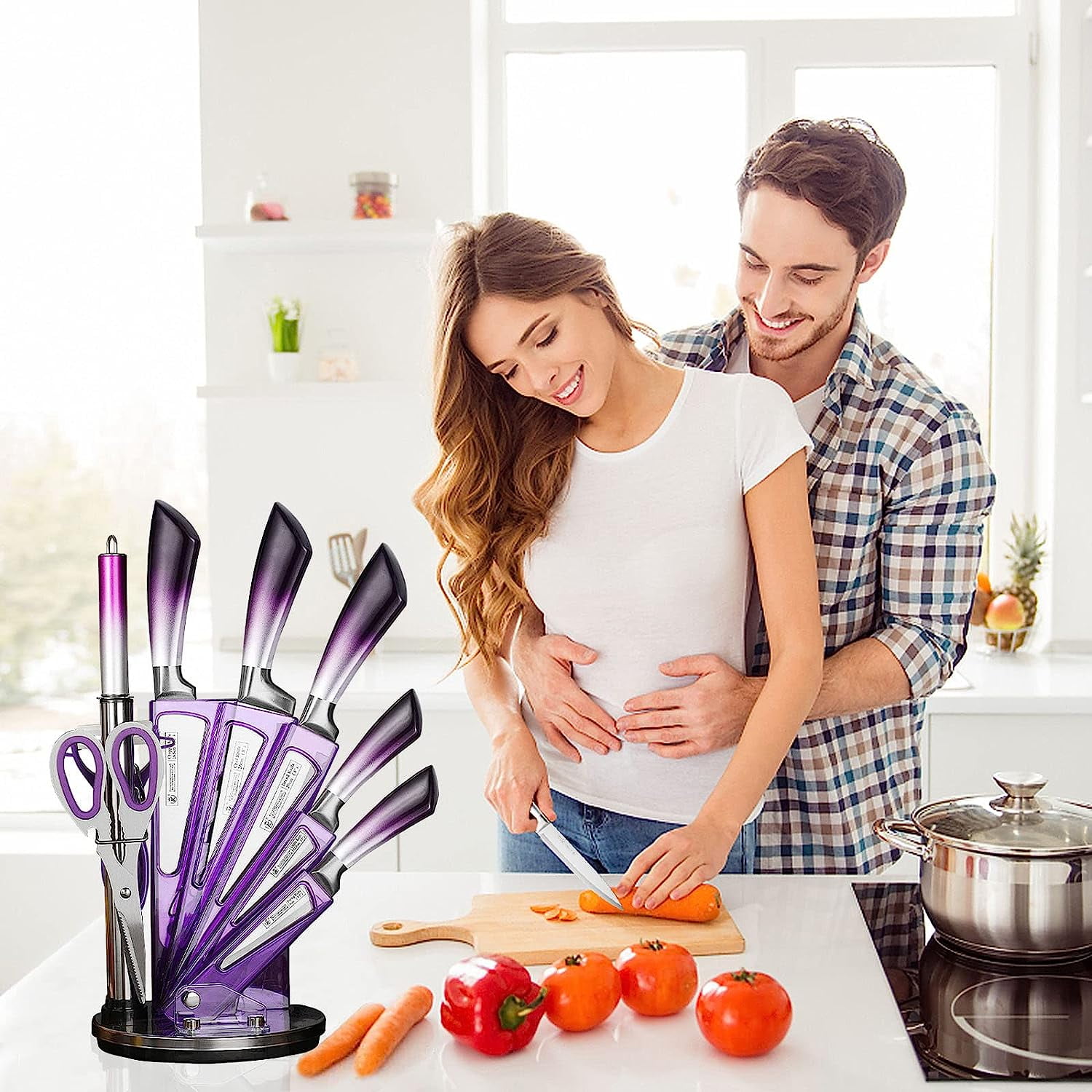 Dot Pet Purple Gradient Handle Stainless Steel Kitchen Knife Set, 9-Piece