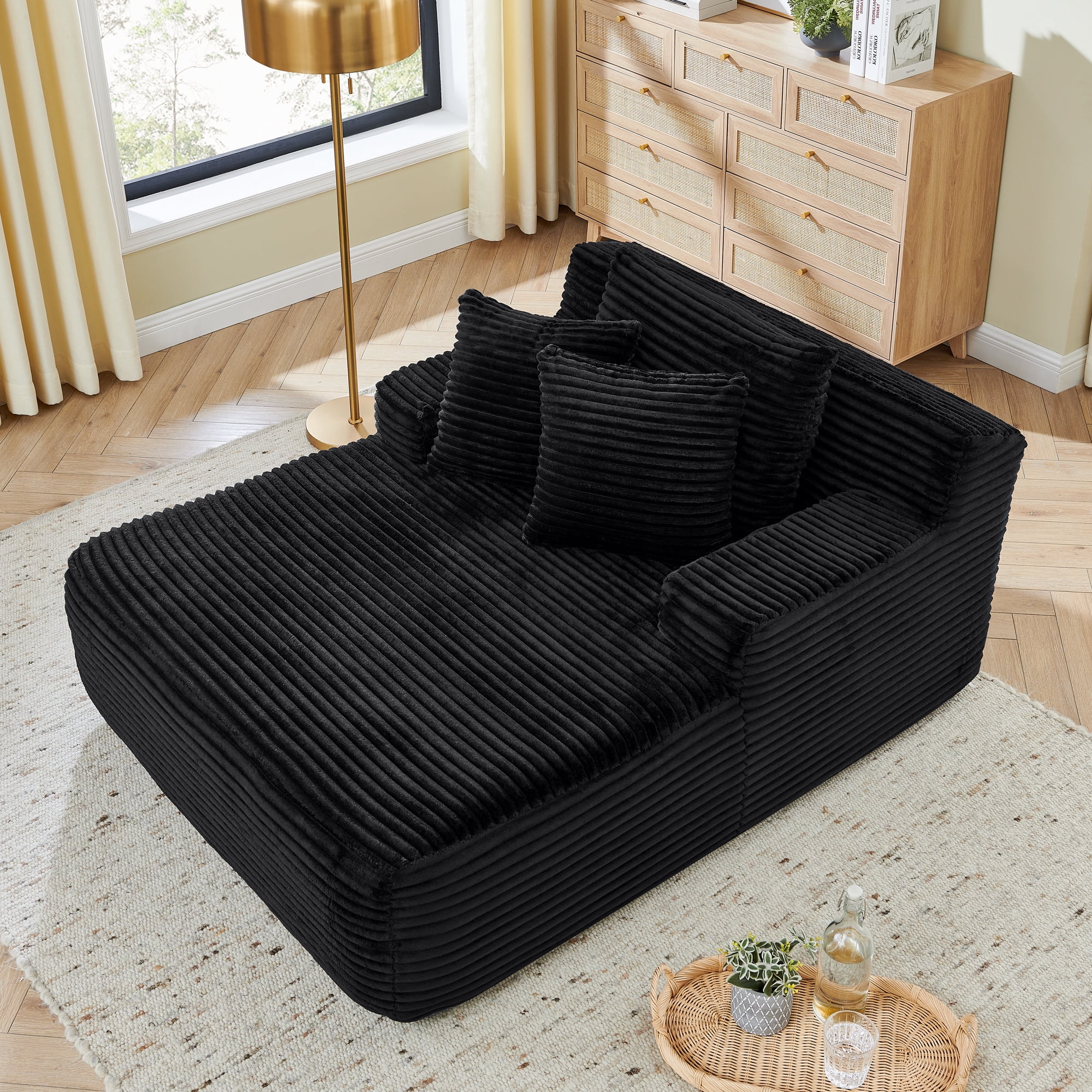 65"Oversized Chaise Lounge Chair Indoor, Cloud-Plush Corduroy Upholstered Sofa Bed with Pillows, Modern Deep Seat Cozy Sleeper Couch for Living Room, No Assembly Required, Black