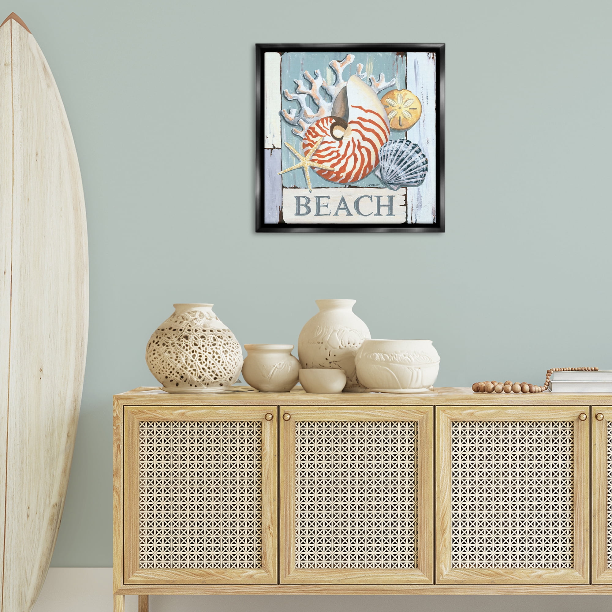Stupell Industries Distressed Beach Shells Nautical & Beach Painting Black Floater Framed Canvas Art Print Wall Art, 25 x 25