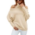 thumbnail image 1 of Suéter de mujer cuello alto hombros descubiertos manga larga Color puro Top de punto suelto para invierno otoño albaricoque S, 1 of 6