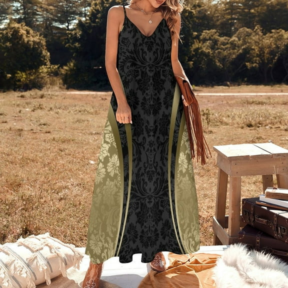 Black And Gold Damasks And geometric Stripes Sleeveless Dress Summer women's clothing women's luxury party dress dress for women