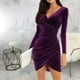 thumbnail image 5 of Vestido de cóctel con escote en V, manga larga, tubo de terciopelo plisado, 5 of 6