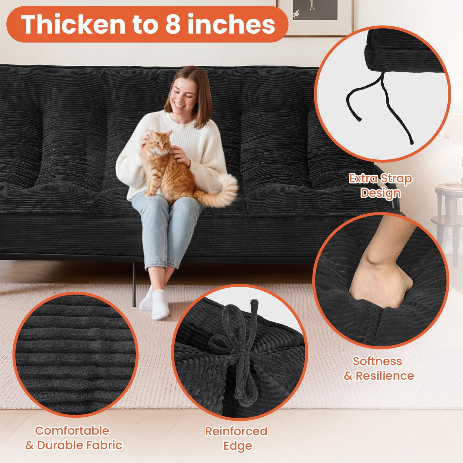 8 Inch Futon Mattress Full Size, Futon Floor Sofa Bed Foldable with Soft Corduroy Fabric  - 2 Storage Straps for Home, Guest Room, Dorm(Frame Not Included)