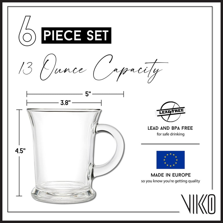 Vikko 13 Ounce Clear Glass Coffee Mugs | Aroma Collection Thick and Durable Wide, Heavy Base Dishwasher Safe Set of Six Large Glass Coffee Cups