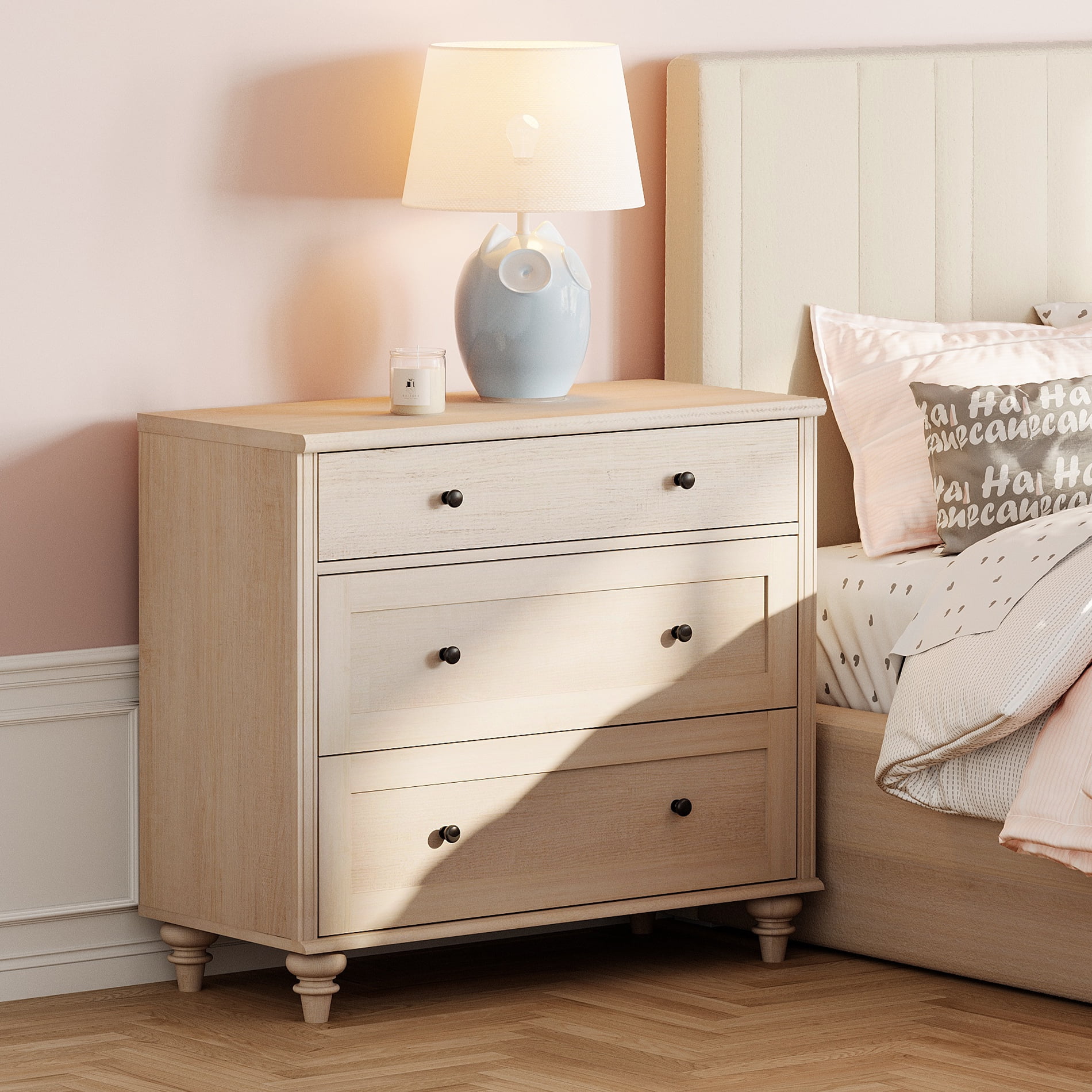 Set of 2 Farmhouse 3-Drawer Nightstands, Large Wooden Bedside Tables, Wide Sofa Side End Tables with 3 Drawers, Chest of Drawers for Living Room and Bedroom, Beige, 34 Inches