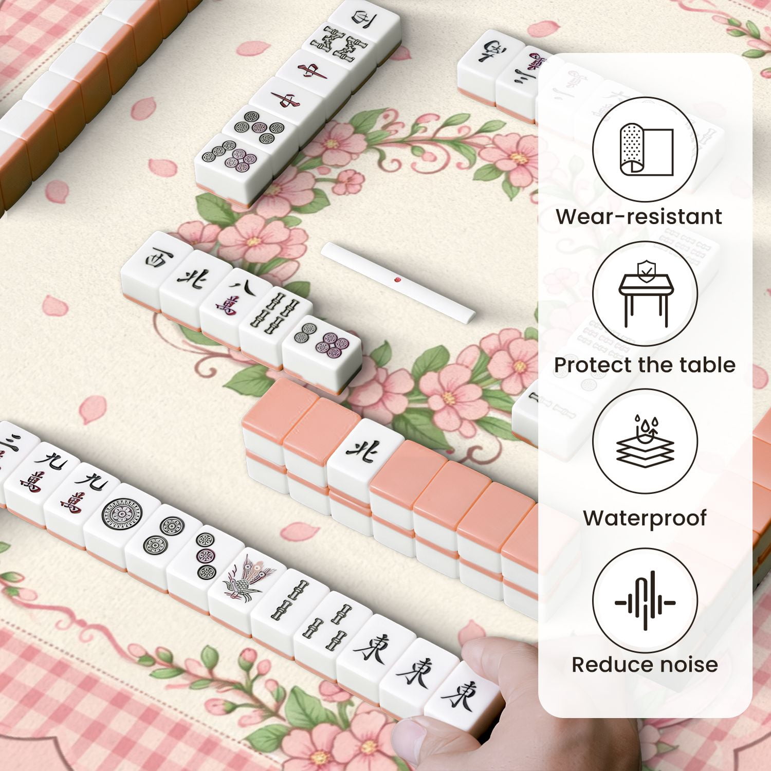 Mahjong Mat 31.5" x 31.5" Pink Floral Gingham Bows Central Non-Slip Noise Reduction Mahjong Tiles Table Cover for Dominoes Poker Card Board and Tile Games