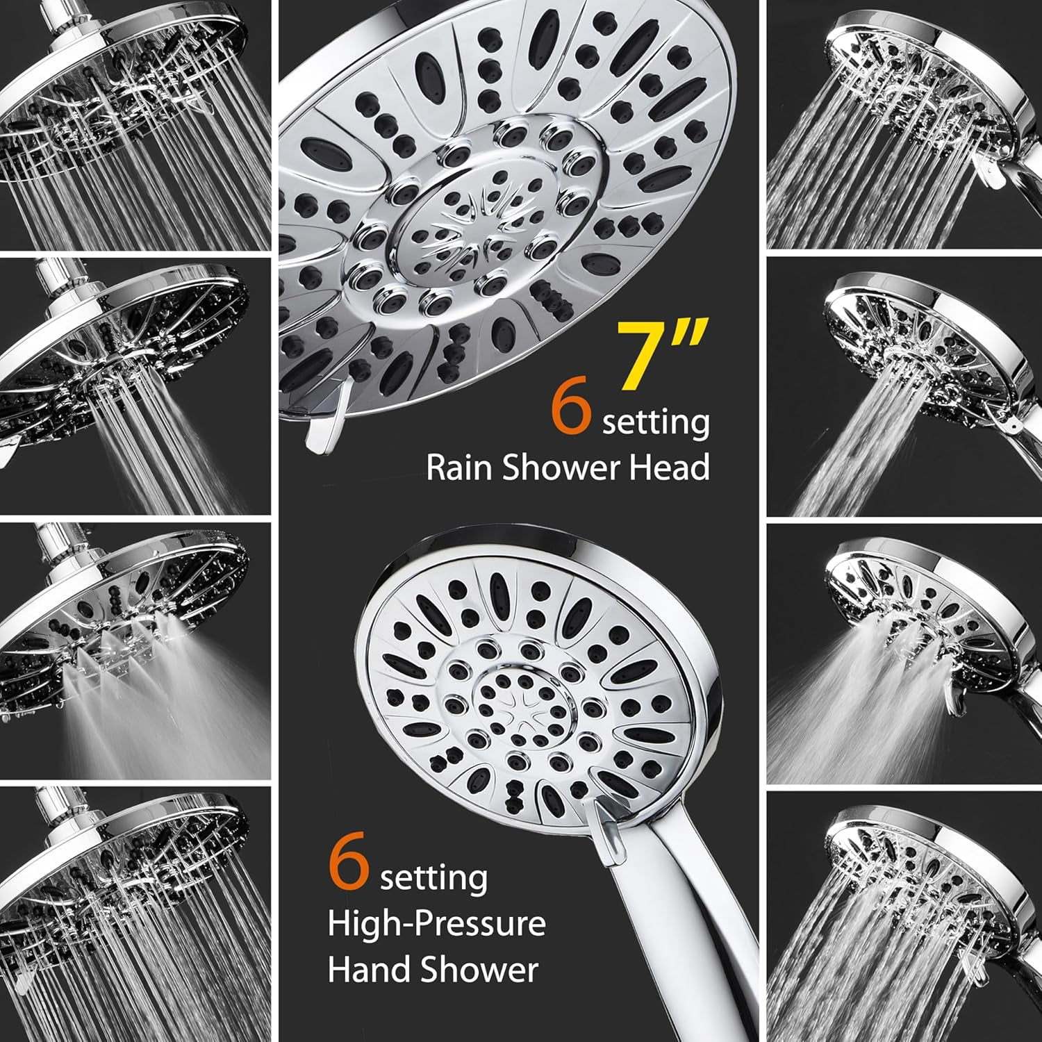 Premium High Pressure 3-Way Rainfall Combo for The Best of Both Worlds - Enjoy Luxurious Rain Showerhead and 6-Setting Hand Held Shower Separately or Together