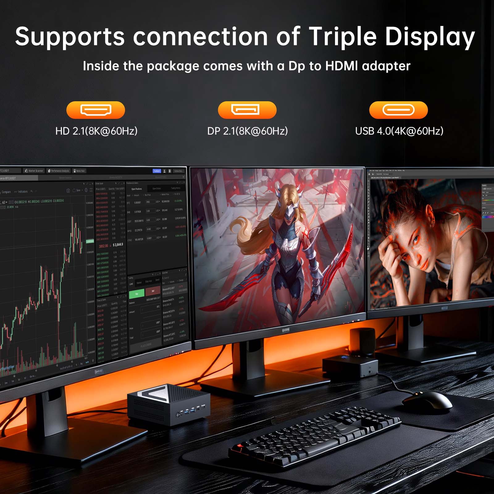 Kinupute AI Mini PC, Desktop Computer with Core Ultra 9 285H up to 5.4GHz, 99 Tops, Win-11 Pro, 64G DDR5, 2T M.2 PCIE4.0 SSD, Arc 140T GPU, Dual 2.5G LAN, DP/HD2.1/USB4.0, 8K, WiFi7, Multitasking