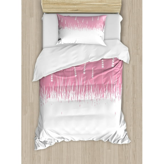 Pink Duvet Cover Set, Field Farm Life Inspired Scene Cut into Half with Bushes and Wheat Art Print, Decorative 2 Piece Bedding Set with 1 Pillow Shams, Twin Size, Hot Pink and White, by Ambesonne