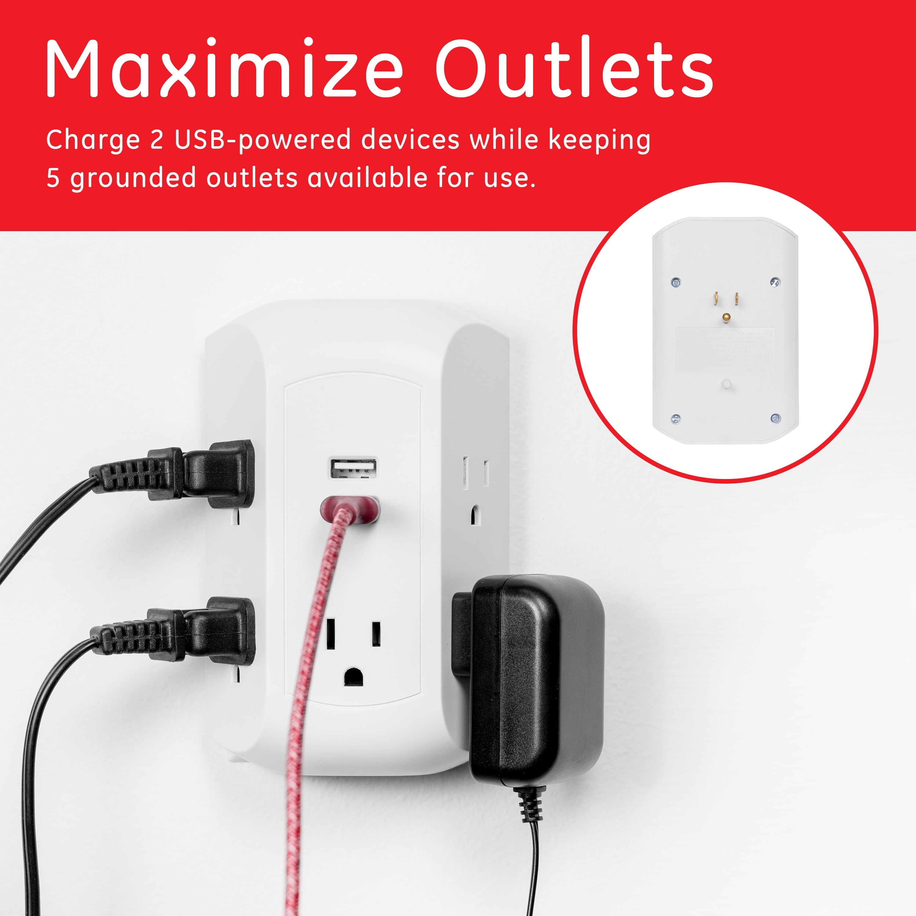 GE UltraPro 5-AC, 2-USB Side-Access Surge Protector, 560J, White – 58297