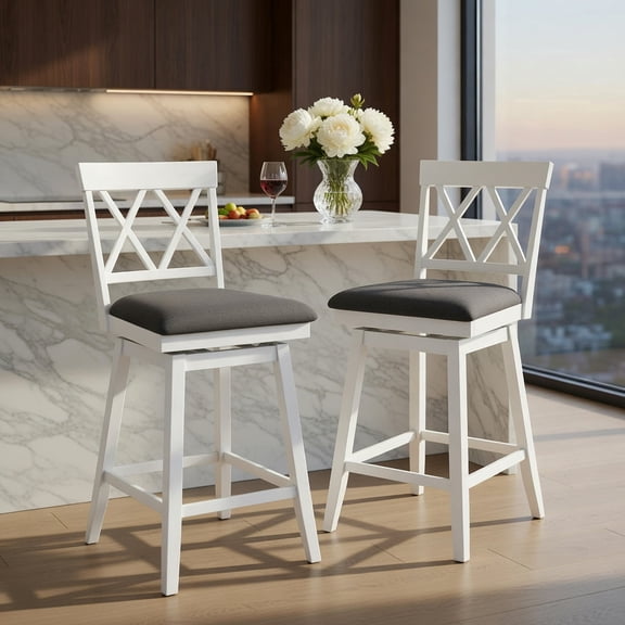 Resenkos 24 Inch Counter Height Barstools, 360 Swivel Upholstered Chair with Backrest for Kitchen, Dining Room, White (1 Piece)