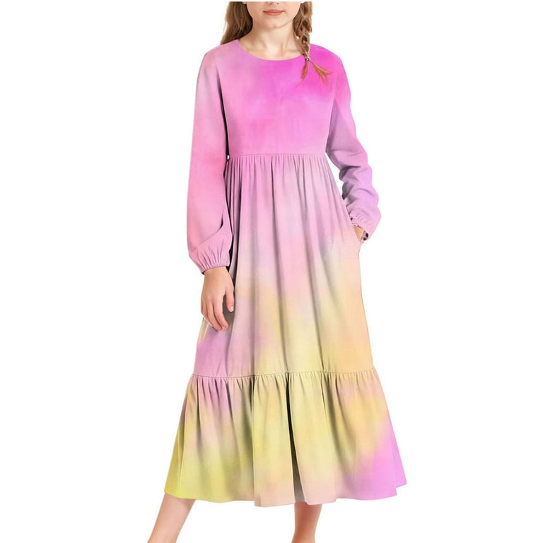 jersey winter dresses vokkrv Dress Girls Long Sleeve Children's Dress Cotton Jersey Festive Dresses Autumn Winter Casual Kids A-Line T-Shirt Dresses with Pockets Hot Pink