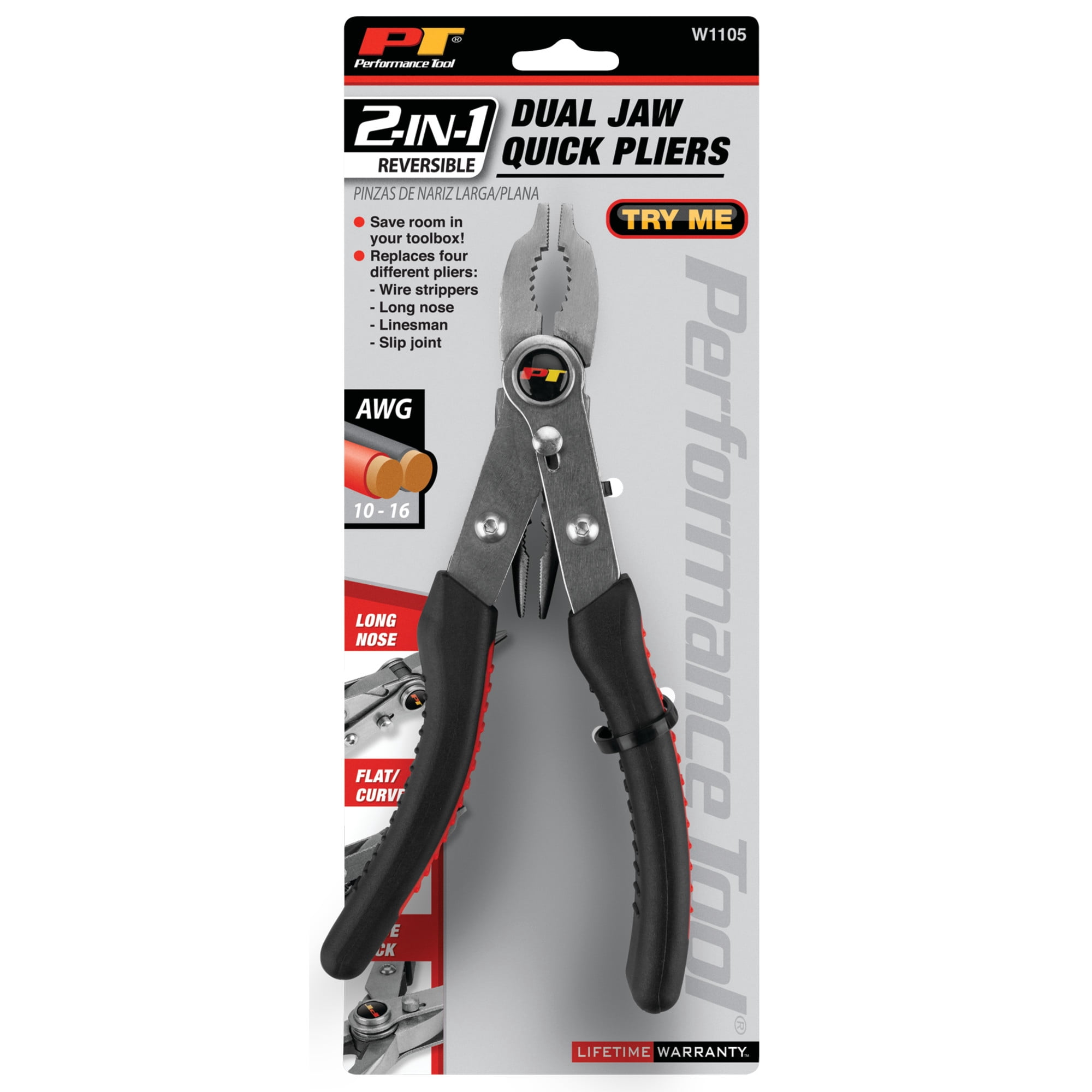 Performance Tool W1105 Side Locking 4-in-1 Dual Jaw Quick Pliers, Chrome Vanadium, Reversible, Wire Stripping/Cutting and More