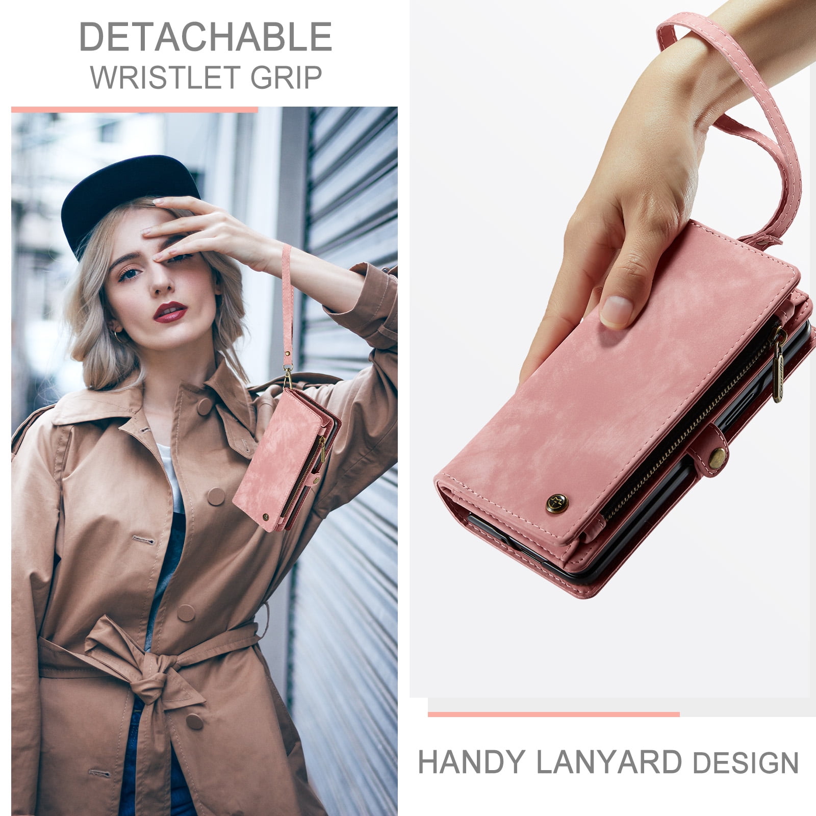 Feishell Durable 2- In-1 Magnetic Detachable Wallet Case for Samsung Galaxy Z Fold 7,for Women Men,Premium PU Leather Zipper Pocket Flip Multi Card Slots Purse Phone Case with Wrist Strap,Pink