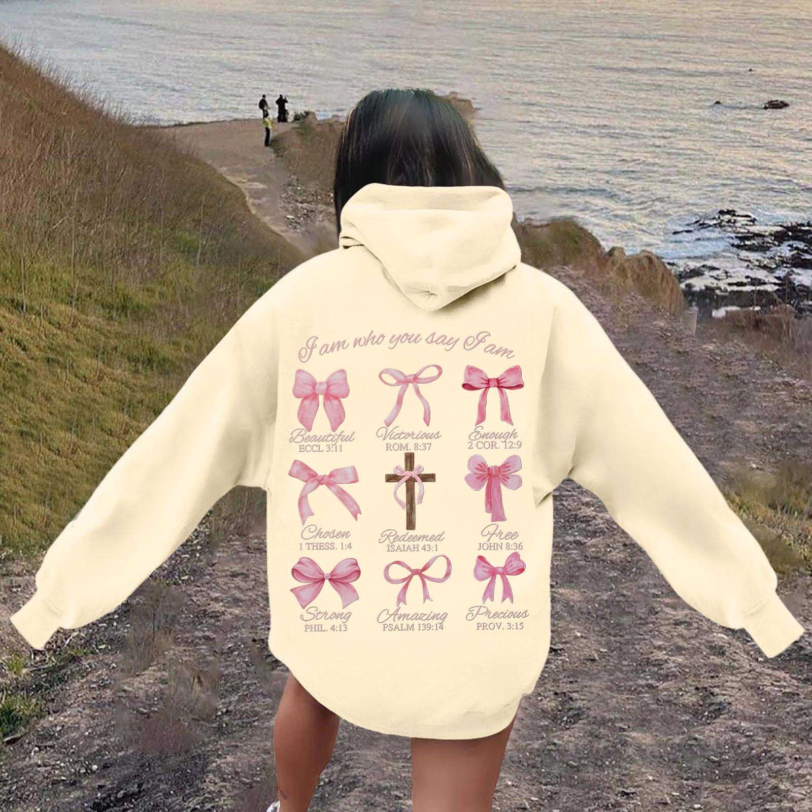 XIAOCHA Womens Hoodies Long Sleeve Cross Pink Bows Print Hooded Sweatshirts Loose Fit Kangaroo Pocket Drawstring Pullover Hooded