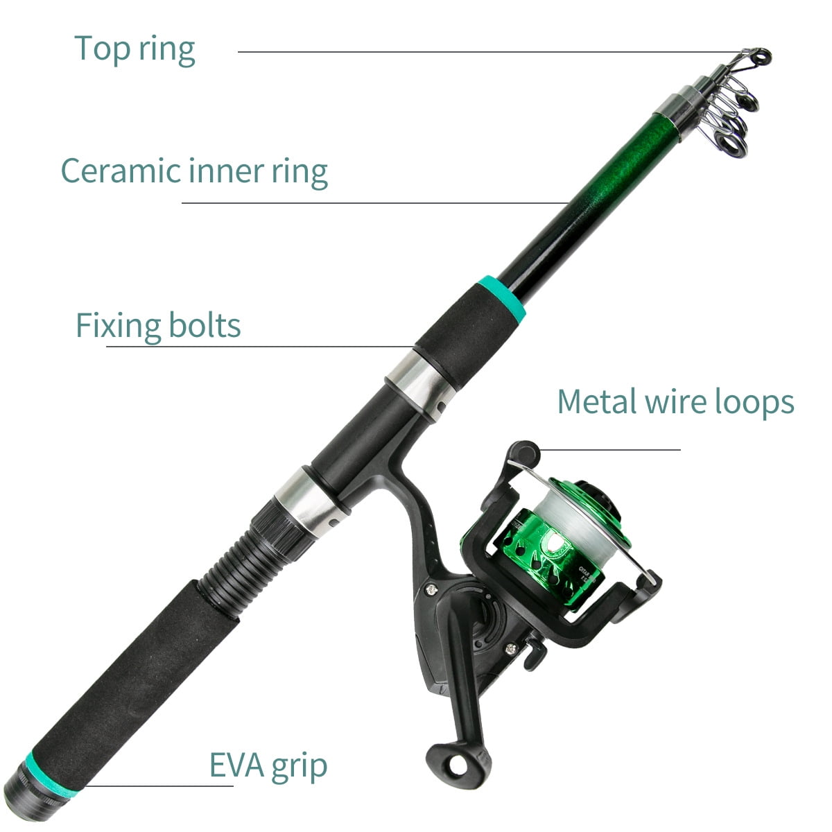 Kids Fishing Pole Set with Full Starter Kits Portable Telescopic Fishing Rod and Spincast Reel Cambos with a Fishing Net for Boys Girls and Youth - Green