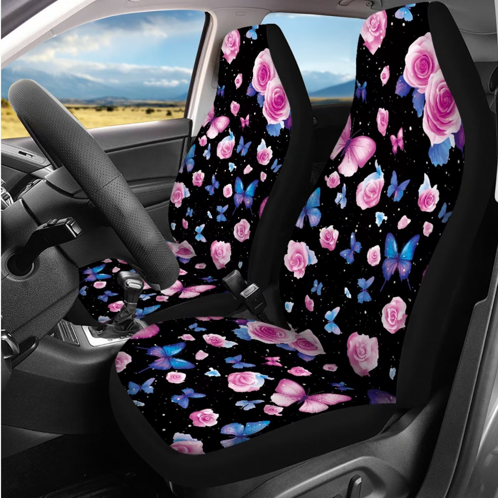 Garronmavis Butterfly Flower Car Seat Covers Set 14 Pcs Headrest Protector Car Steering Wheel Cover Armrest Cover Car Seat Belt Covers Key Ring and Cup Coaster Universal Fit for Auto Cars SUV