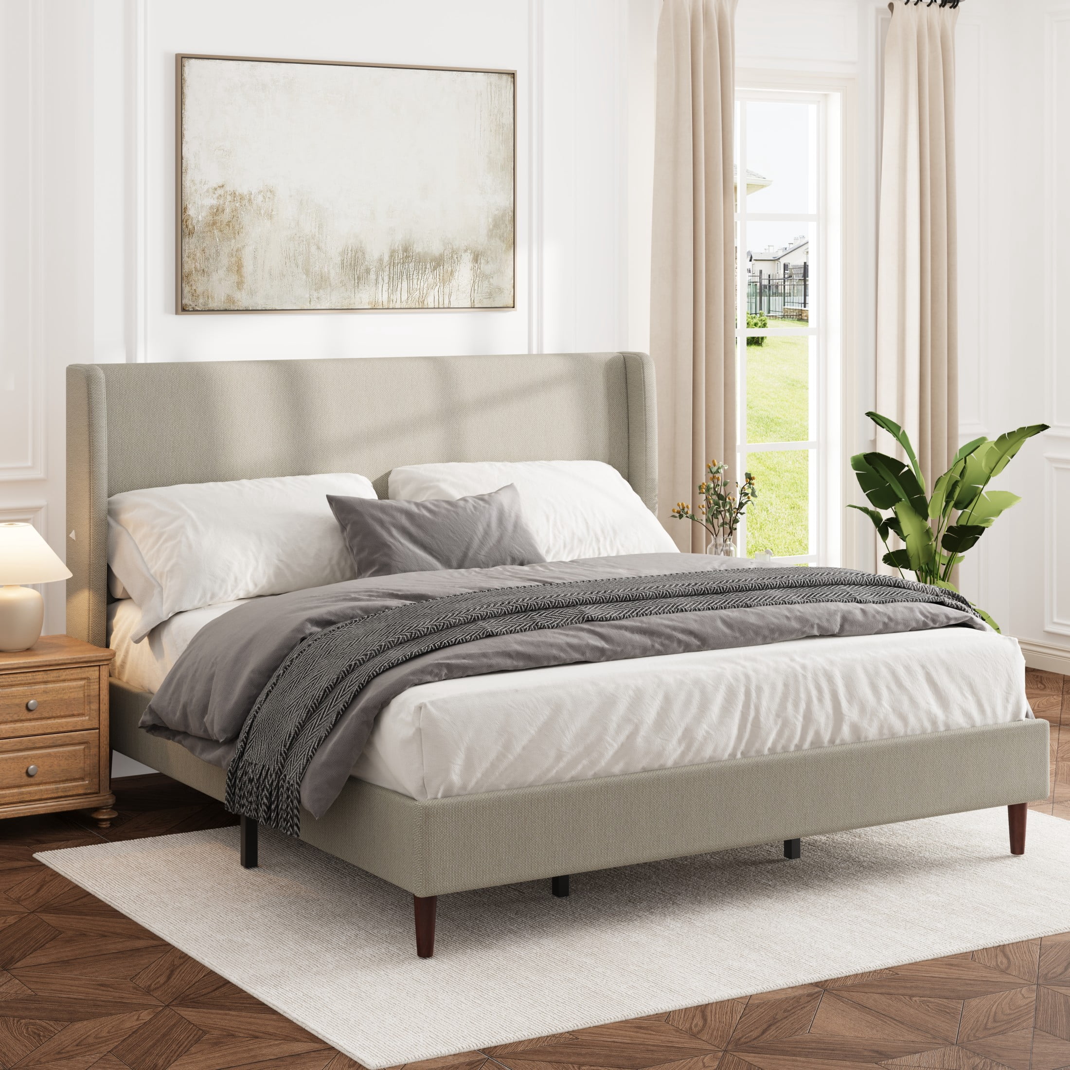 GDF Studio King Size Linen Upholstered Bed with High Headboard & Wood Slat Support, Beige