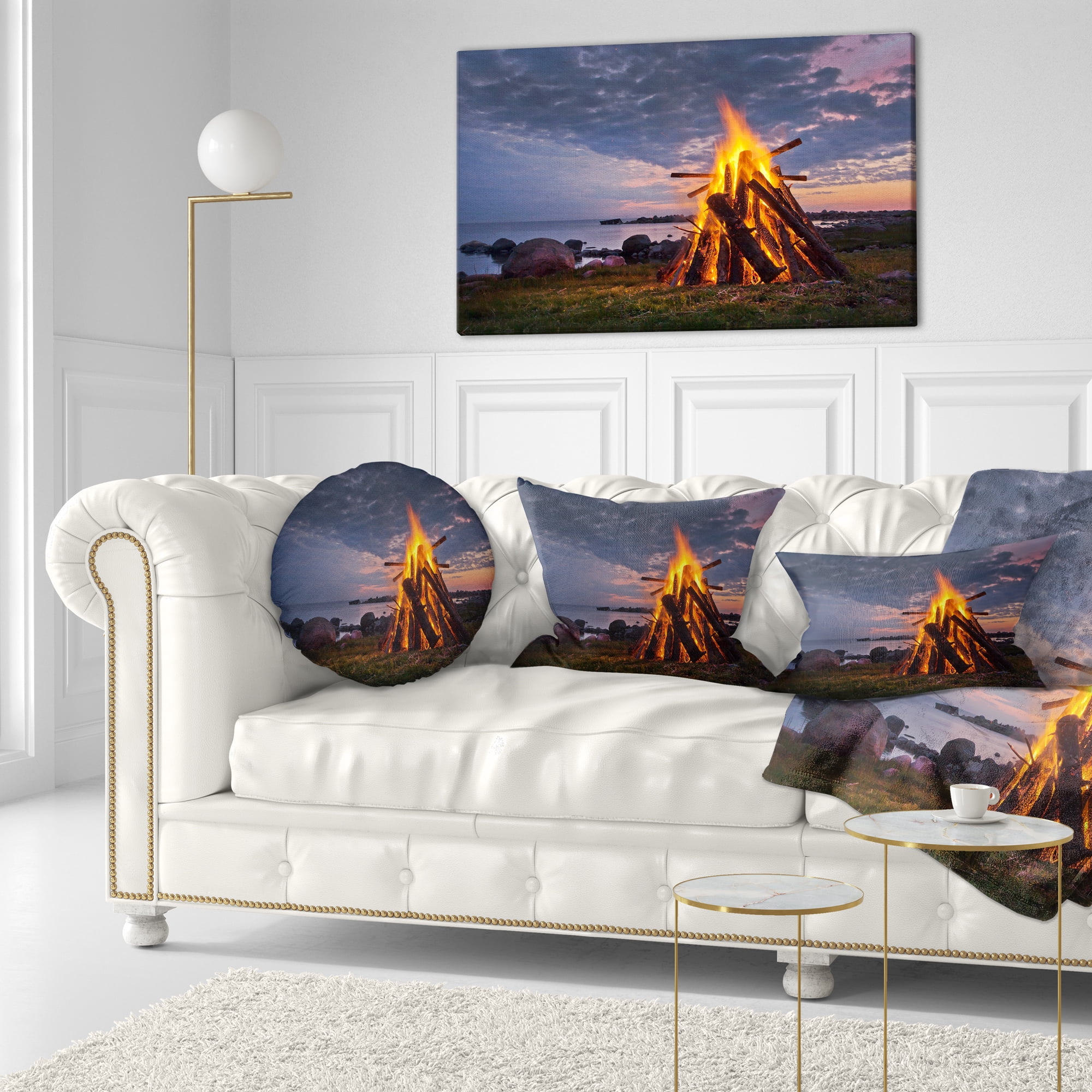 Designart Bonfire on Beach in Summer Night - Landscape Printed Throw Pillow - 12x20
