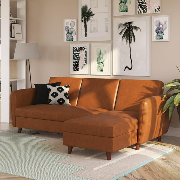 Novogratz Perry Reversible Sectional Futon With Storage Convertible Sleeper Camel Faux Leather Com Novogratz Perry Reversible Sectional, Leather Sofa With Chaise Storage