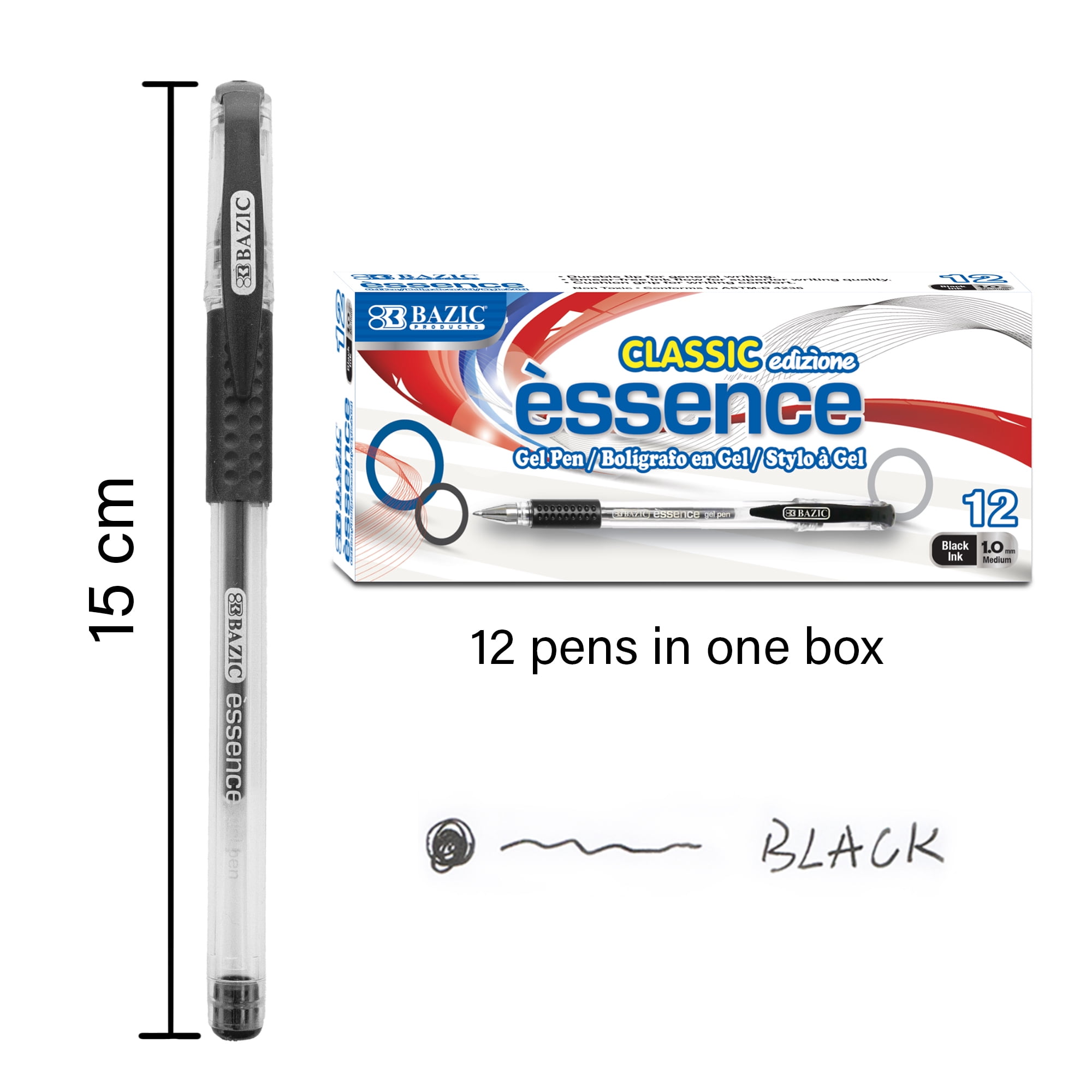 BAZIC Essence Gel Pen, Medium Point 1.0mm Black Pen, Comfort Grip, 12 Count, 4-Packs