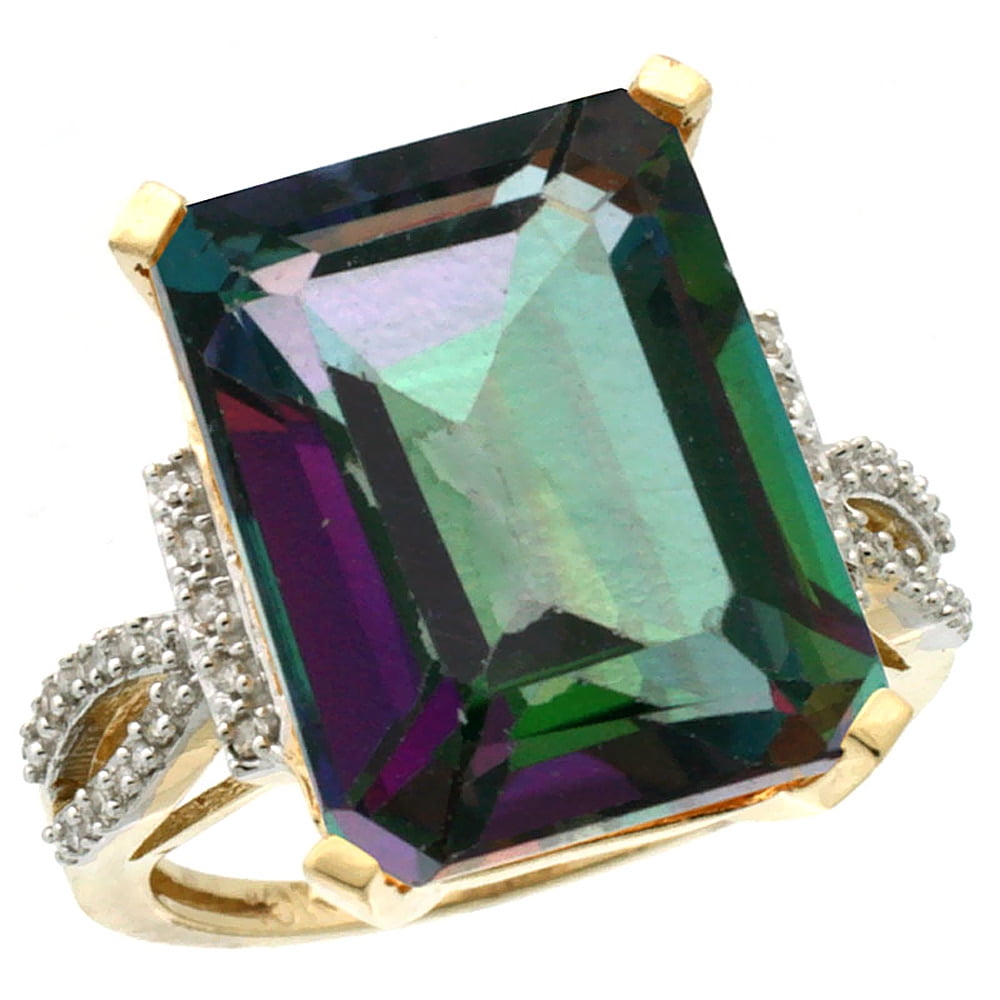 14K Yellow Gold Natural Diamond Mystic Topaz Ring Emerald-cut 16x12mm, size 5.5 by Gabriella Gold