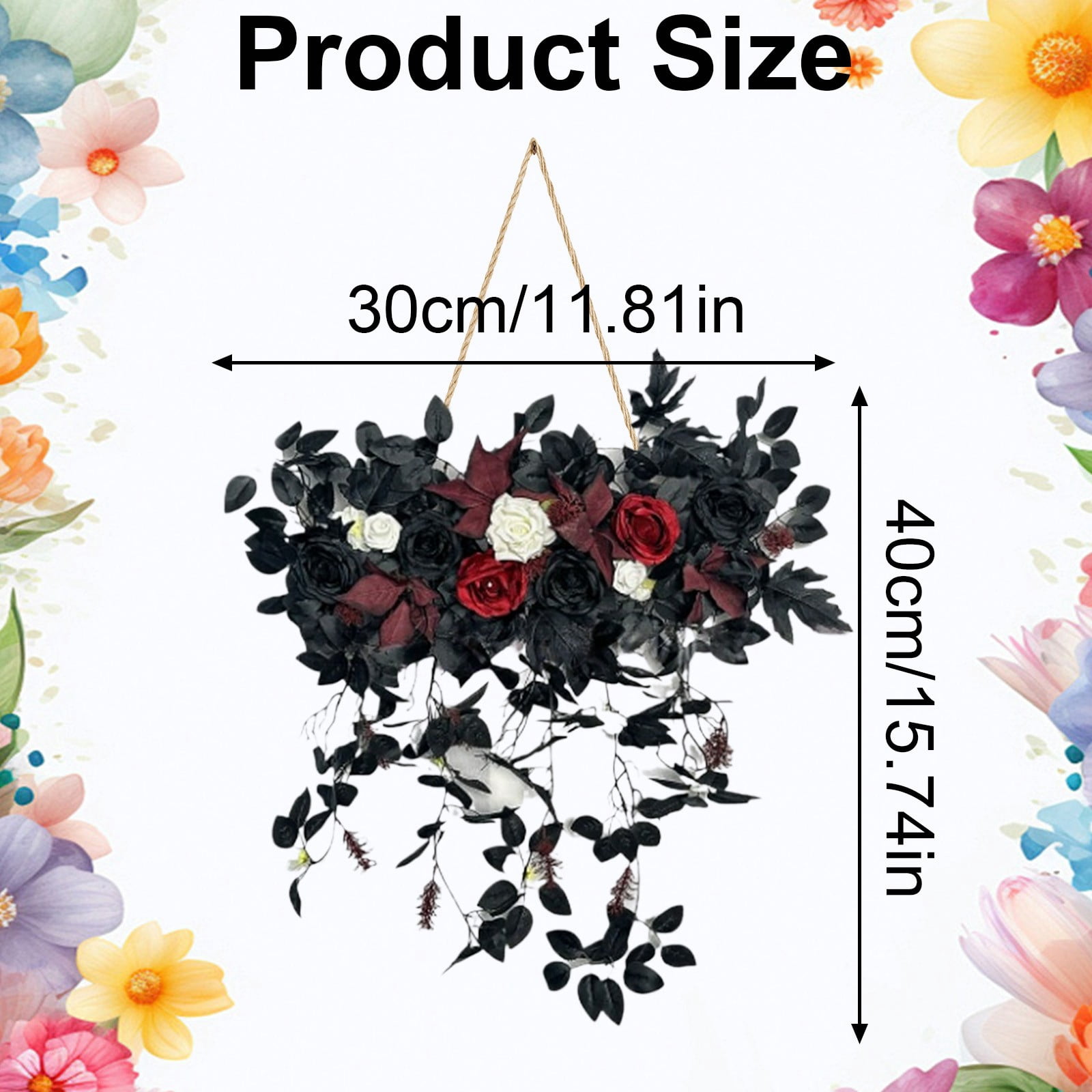 Artificial Hanging Floral Swag, Fake Rose Wall Hanging, UV Resistant Faux Floral Bouquet with Lush Foliage, Hanging Wall Decor for Spring Garden Wedding Home Office Kitchen Table Vase, Black