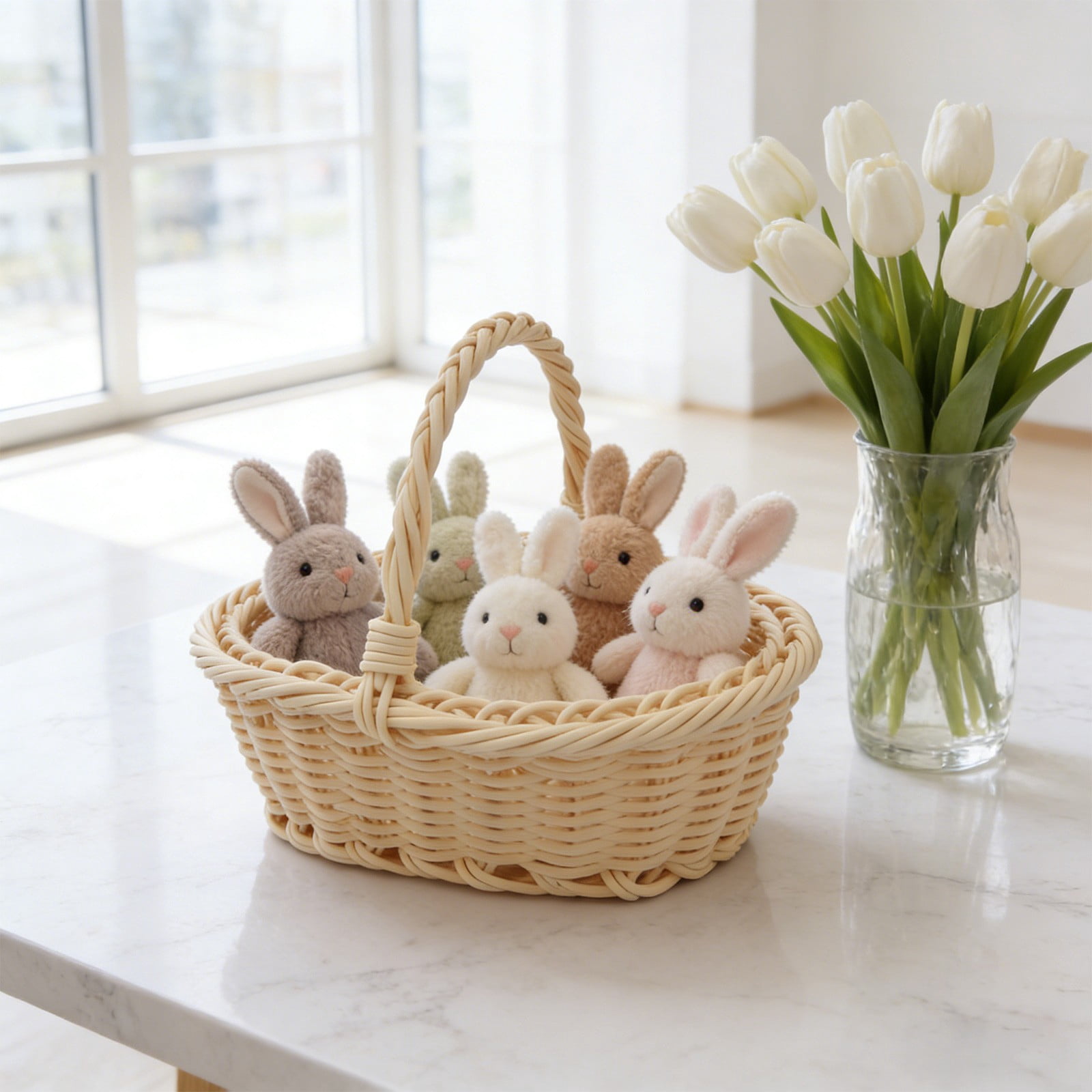 Hyknon Wicker Rattan Flower Girl Basket with Handle Small Hand Woven Gift Storage Basket for Easter Wedding Ceremony Party Supplies