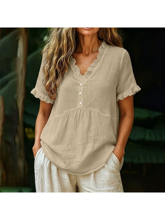 Womens Ruffle Trim V Neck Blouses Boho Henley Button Short Flutter Sleeve Tops Casual Pleated Textured Flowy Tunic Shirts Elegant Summer Vacation Tees