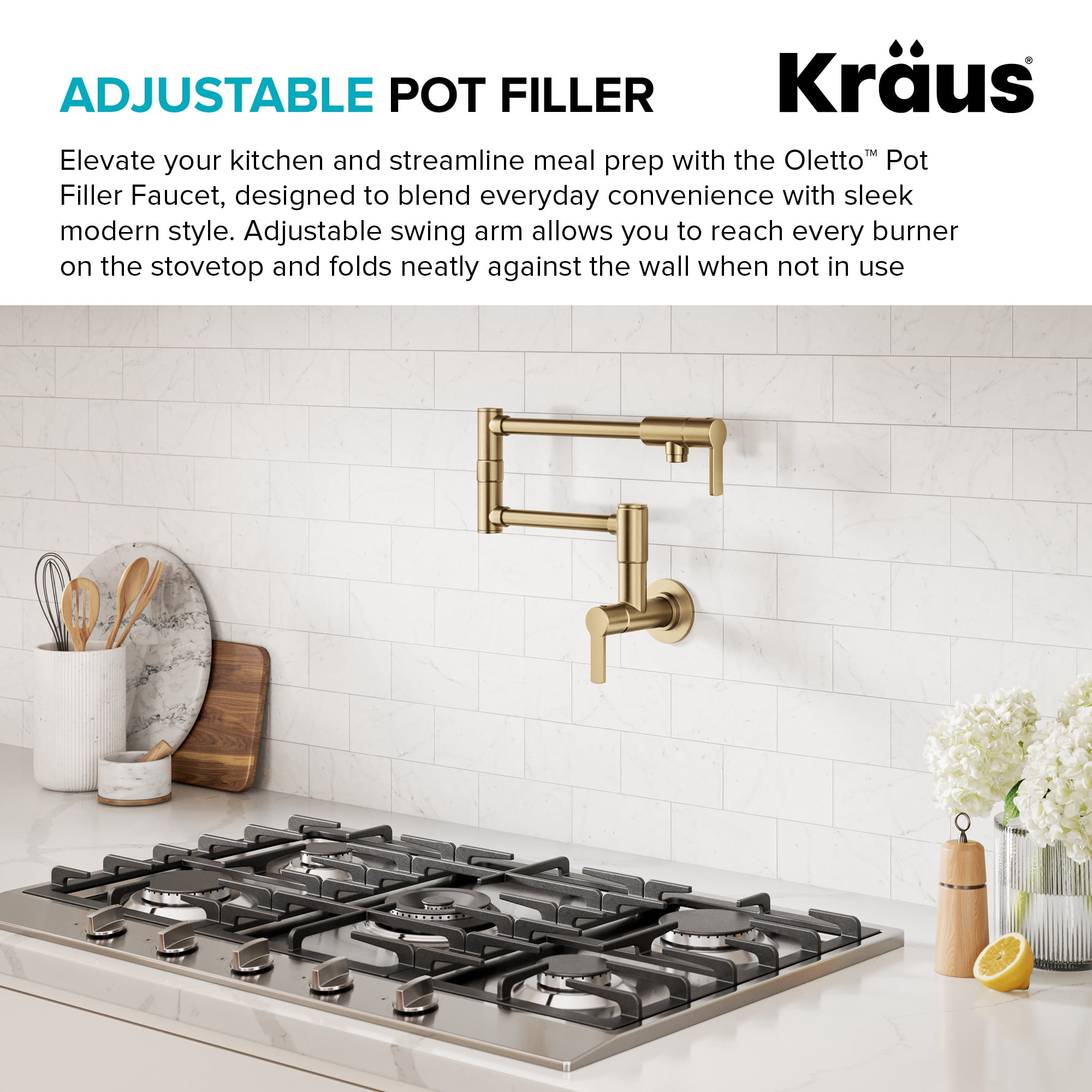 KRAUS® Oletto™ Wall Mount Pot Filler Kitchen Faucet with Retractable Arm in Spot-Free Brushed Brass