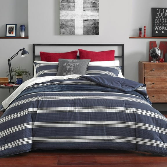 Craver 3-Piece Navy Blue Striped Cotton King Duvet Cover Set