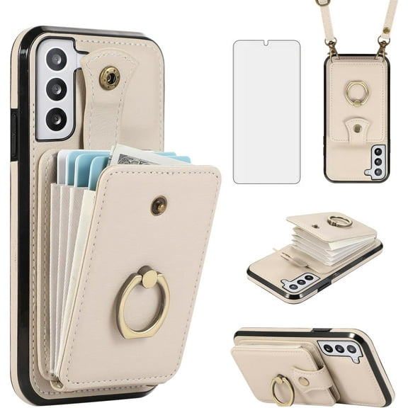 REQO Phone Case for Samsung Galaxy S21 FE 5G Wallet Cell Cover with Screen Protector and Crossbody Strap Ring Stand RFID Credit Card Holder S 21 EF S21FE5G UW S21FE 21S G5 6.4 inch Women Girls Beige