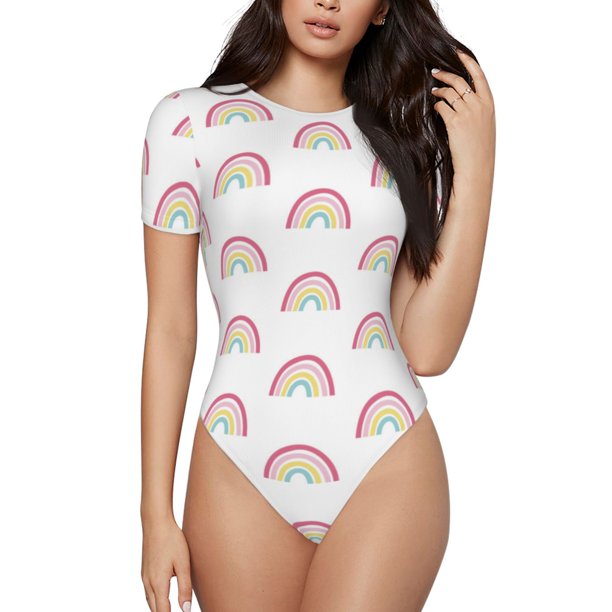 Balery Rainbow Body de cuello redondo de manga corta para mujer Tops de manga corta Tops básicos-Small