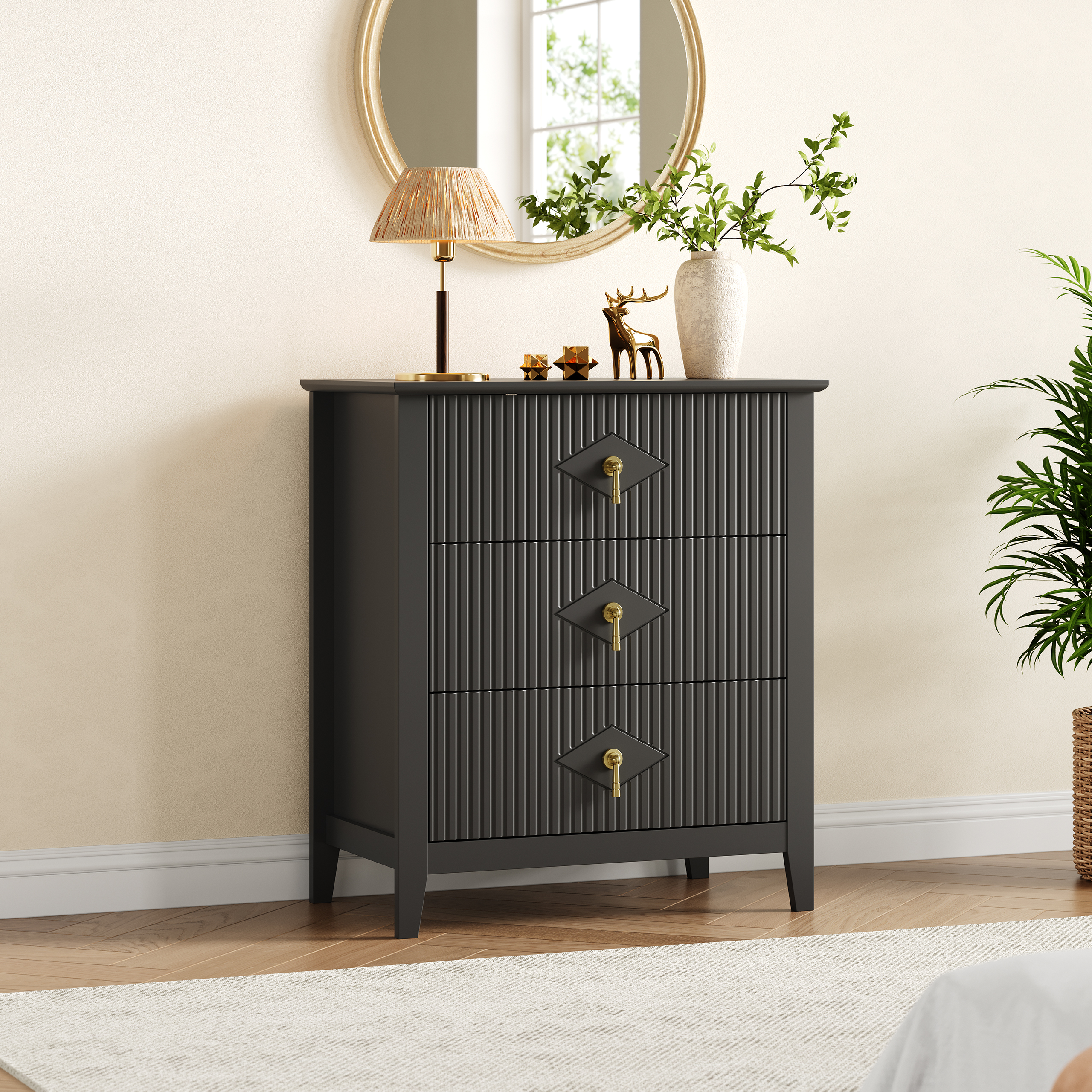 Black Fluted Dresser for Bedroom, 32 Inch Wide Nightstand with Large Drawer, 3 Drawer End Table for Bedroom, Living Rooms, Offices, and Entryways
