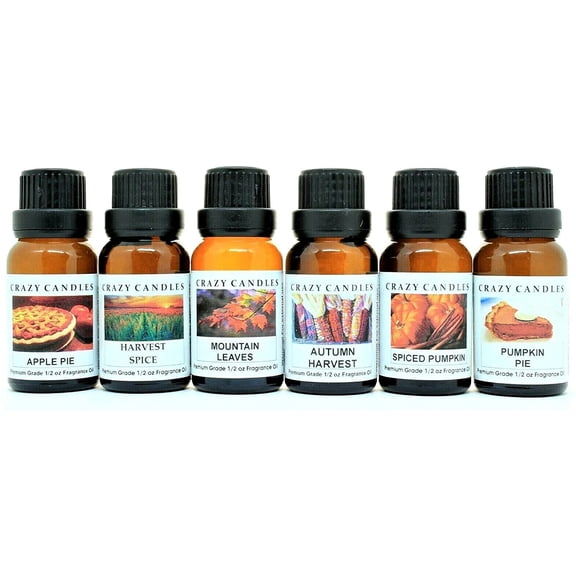 Crazy Candles 6 Bottles Set (Made in USA) Apple Pie, Autumn Harvest, Harvest Spice, Mountain Leaves, Pumpkin Pie, Spiced Pumpkin 1/2 Fl Oz Each (15ml) Premium Grade Scented Fragrance Oils