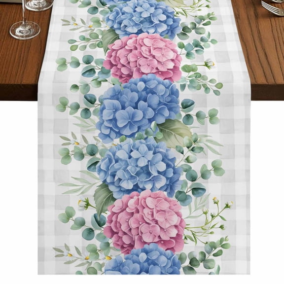Table Runners 108 Inches Long Dress Scarves, Blue Pink Hydrangea Farmhouse Coffee/Dining/Kitchen Table Runner for Living Room, Eucalyptus Leaves Grey Plaid 13x108 Inch