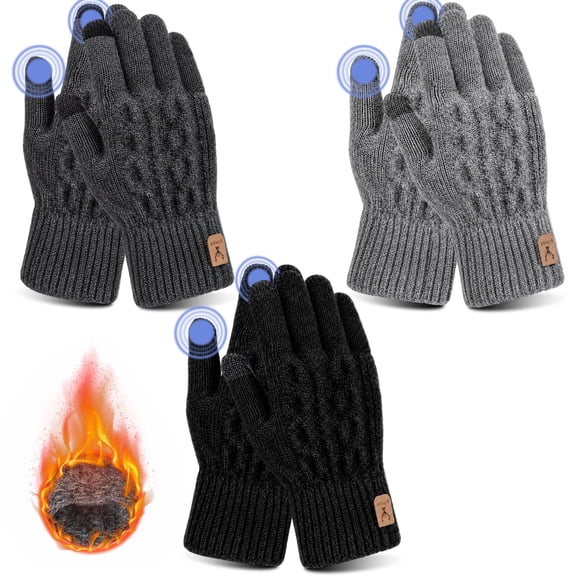Bocaoying 3 Pcs Thermal Gloves for Men Women, Touch Screen Winter Knit Gloves, Warm Stretchy Cold Weather for Driving, Hiking, Outdoor, Size Fits All