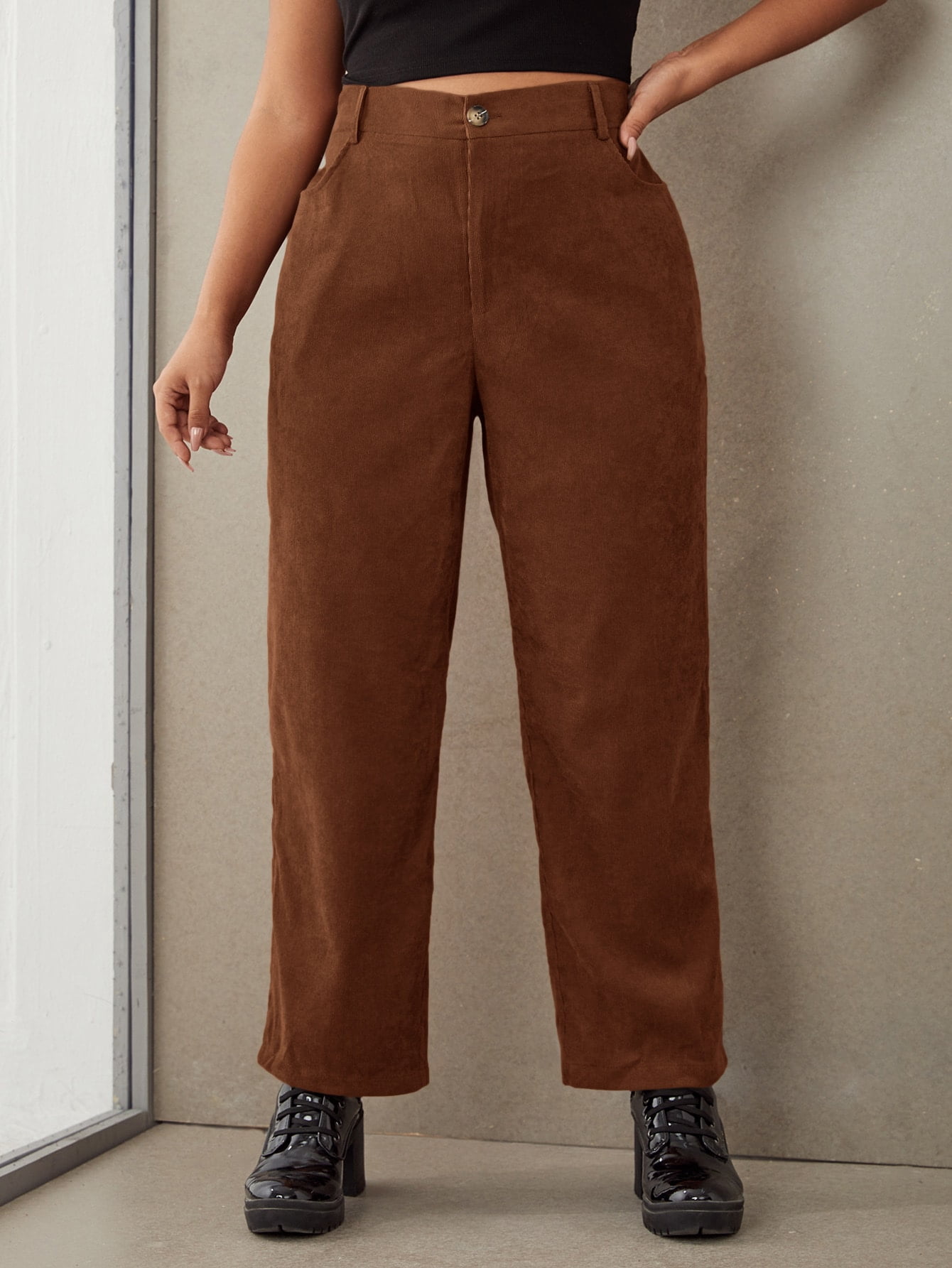 Solid Wide Leg Corduroy Pants 0XL 
