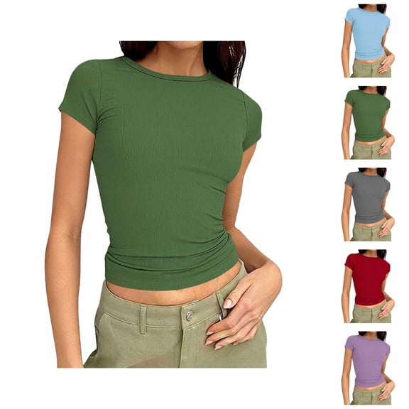 T Shirts for Women 2026 Summer Short Sleeve Crewneck Ribbed Casual Slim Fit Basic Plain Tshirt Undershirts