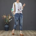 thumbnail image 2 of Pantalones vaqueros de mujer de primavera y otoño con bordado artístico roto, pantalones capri de mujer con cintura alta elástica, pantalones vaqueros holgados de talla grande para mujer, 2 of 6