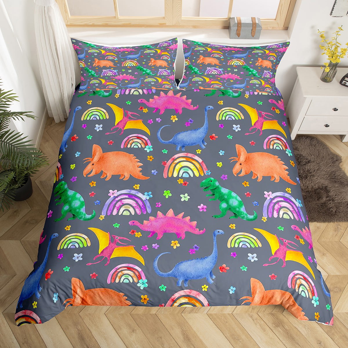 YST Kids Dinosaur Bed Sets Girls Rainbow Duvet Cover Colorful Flowers